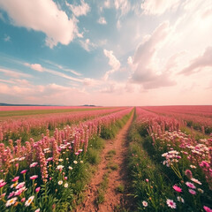 Obraz premium Pastel skies and blooming fields: a surreal spring 