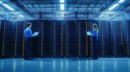 Two IT professionals working in a modern data center with server racks and laptops in a dimly lit, high-tech environment showcasing advanced technology and teamwork