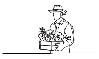 continuous one line art drawing of gardener holding box with full of vegetables, illustration doodle style on white background