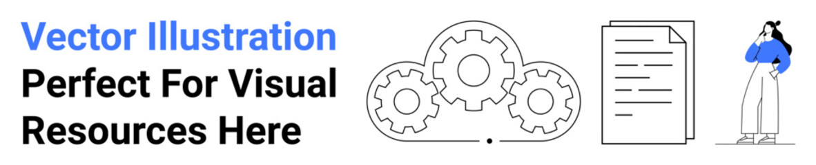 Three interlocked gears representing collaboration, a document symbolizing planning, and a person thinking. Ideal for teamwork, workflow, brainstorming, productivity, innovation, planning flat