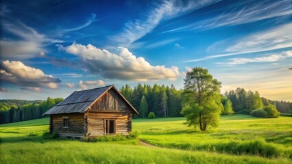 Obraz premium A serene landscape with a beautiful, rustic wooden house standing alone in the middle of a vast open field surrounded by lush green trees and a bright blue sky , rural life, freedom