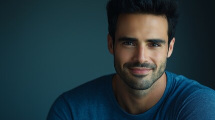 Obraz premium Young man smiling warmly, soft light enhancing his cheerful expression, minimal background.