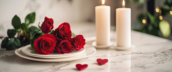Romantic Valentine's Day Dining Table Background with  Roses and Elegant Decor