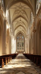 Fototapeta premium Sunlit church aisle with stained glass