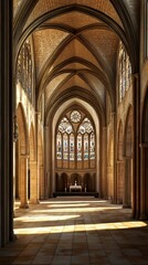 Fototapeta premium Sunlit cathedral nave with stained glass
