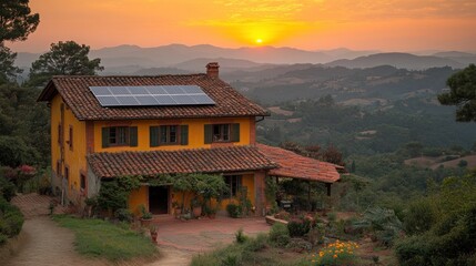Tuscan villa sunset solar panels hills