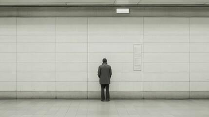 Fototapeta premium A solitary figure stands against a minimalist subway wall, waiting quietly in a modern station