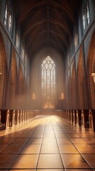 Sunlit cathedral nave, peaceful scene