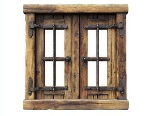 Rustic wooden window with iron hinges and bars.