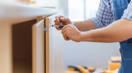 Skilled worker assembling kitchen cabinets with tools in a bright workshop setting