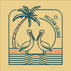 A blue and orange logo of two pelicans with a palm tree in the background. The logo is for Pelican Island Florida
