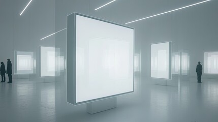 Futuristic gallery showcasing blank digital signage, people observing, minimalist architecture