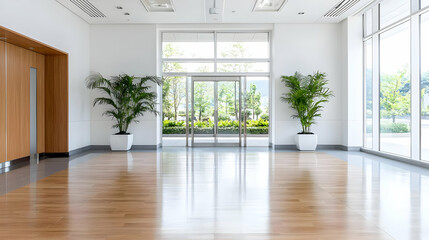Obraz premium Modern office lobby with glass doors, plants, and hardwood floor; ideal for corporate brochures