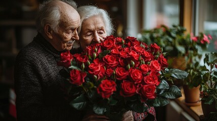 Elderly Couple Sharing a Bouquet of Red Roses