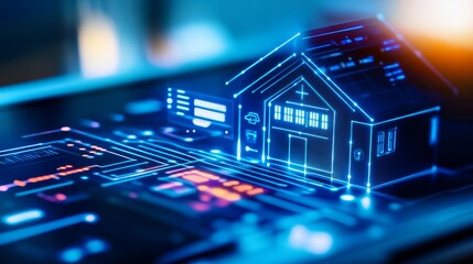 Futuristic digital home model on a smartphone screen, showcasing smart technology integration