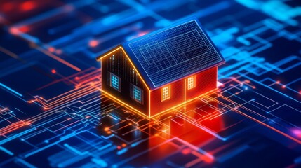 Futuristic digital home with solar panels on a vibrant circuit board background, showcasing technology