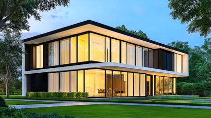 Fototapeta premium Modern two-story house with large windows surrounded by greenery during twilight, showcasing contemporary design