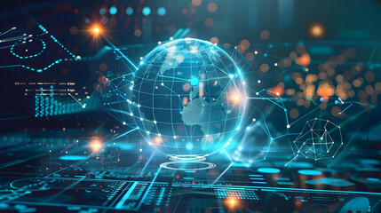 Fototapeta premium A digital representation of a globe surrounded by data and technology elements.