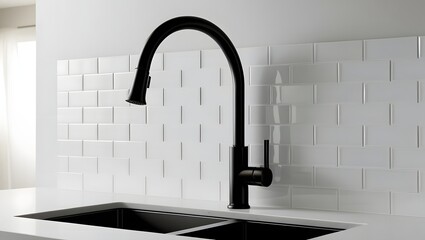 Modern Matte Black Kitchen Faucet with White Subway Tile Background