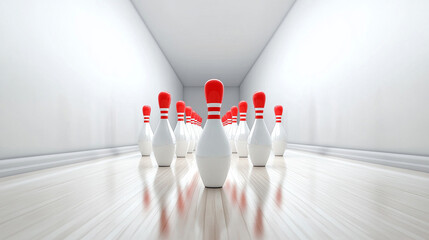A striking perspective of bowling pins arranged in a modern alley with a bright, minimalist background