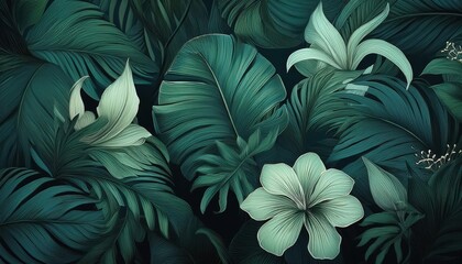 Exotic Tropical Leaves and Flower Wallpaper Vibrant Dark Green Patterns, Enchanting Flora, Evoking a Lush, Tropical Atmosphere