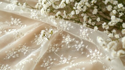 Fototapeta premium Delicate white floral lace fabric with baby's breath flowers for weddings or crafts