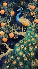 Majestic Peacock Amidst Golden Apples and Celestial Night