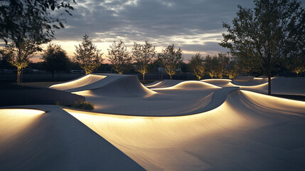 Serene evening at a modern skate park with illuminated ramps and surrounding trees under dusk sky