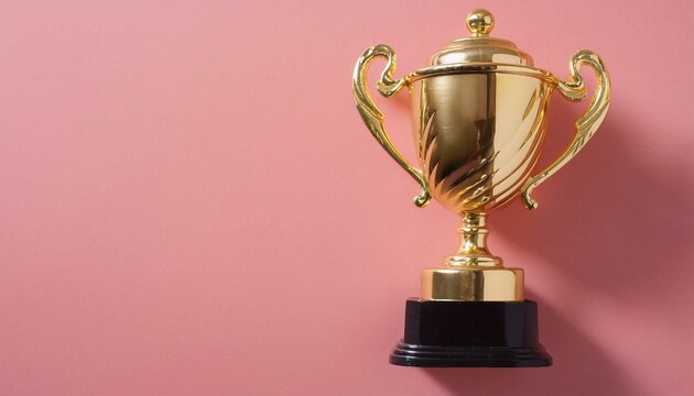 Gold trophy on pink background. Achievement, success, award.