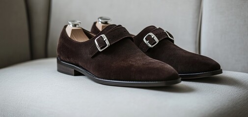 Pair of brown suede monk strap shoes on chair.