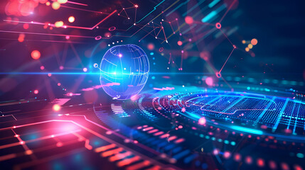 Fototapeta premium Futuristic digital landscape with glowing elements and a spherical globe.