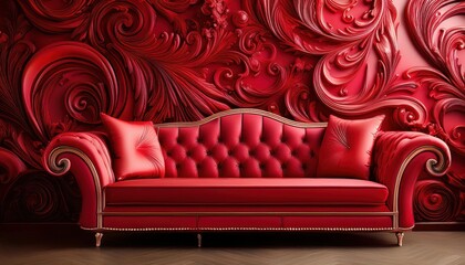 Luxurious Interior Scene Featuring Intricate Patterned Red Wallpaper and a Plush Swirling Sofa in a HighEnd Setting