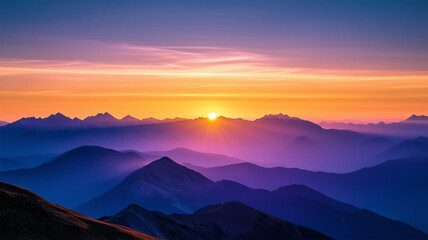 Obraz premium 山の稜線から昇る朝日 – 壮大な自然の息吹を感じる風景
