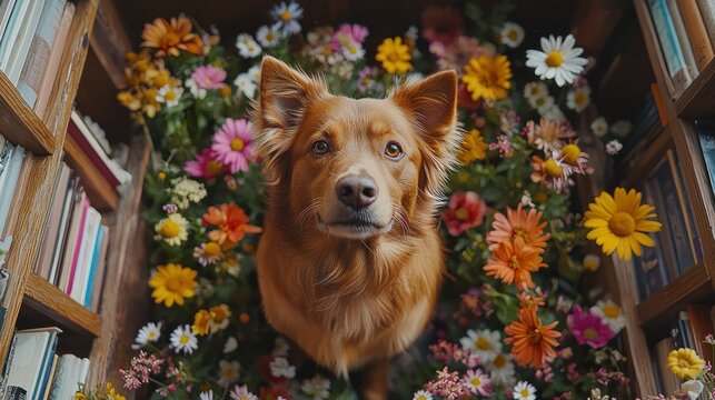 Dog in bookshelf filled with flowers, looking up