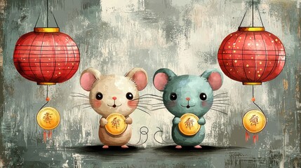 Two cute cartoon mice holding coins, surrounded by red lanterns, celebrating a festive occasion.