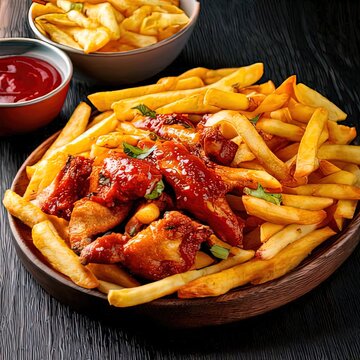unas papas fritas con pollo frito