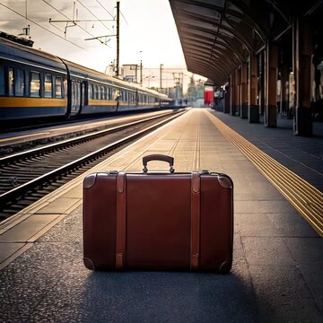 una maleta antigua en una estacion de trenes solitaria a lo lejos un tren que sale de la estacion