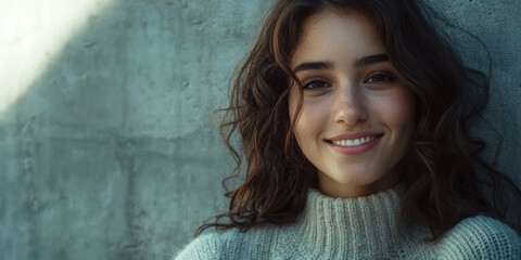 Fototapeta premium Close up portrait of a smiling young Latin woman, generative AI