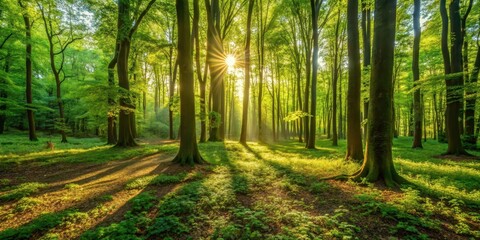 Obraz premium Warm sunlight filters through dense green forest foliage, casting dappled shadows on the forest floor, trees, forest
