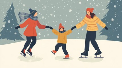 Obraz premium Happy family ice skating together in holiday