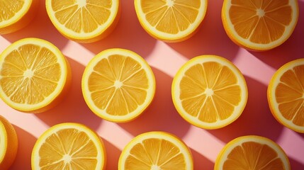 Fototapeta premium Pink background, halved lemons, sunlight, flatlay, food