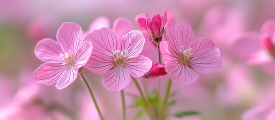 Obraz premium Pink flowers bloom in field, soft focus background, greeting card
