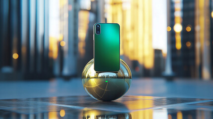 Modern smartphone elegantly balanced on a reflective sphere amidst a vibrant urban skyline at sunset