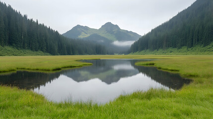 Obraz premium Serene mountain lake reflection, misty valley, green meadow