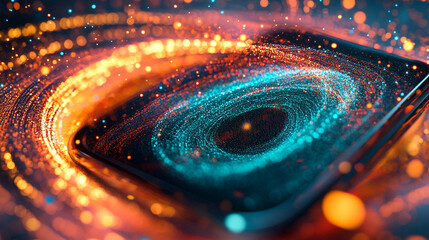 Abstract representation of a smartphone surrounded by vibrant swirling particles in a cosmic setting