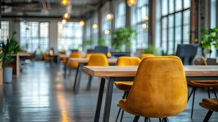 Empty modern coworking space with yellow chairs and natural light