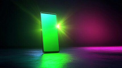 Vibrant smartphone illuminated with green and purple lights, showcasing modern technology in a dark setting