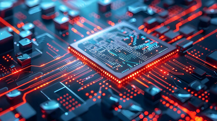 Obraz premium Close-up of a futuristic microchip on a circuit board with glowing connections.