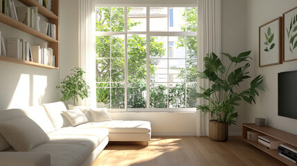 Fototapeta premium Modern living room with large windows, natural light, and greenery