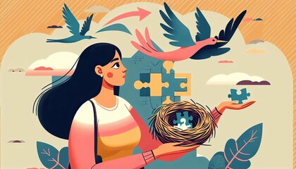 Woman holding empty nest and puzzle piece looking at flying birds leaving home